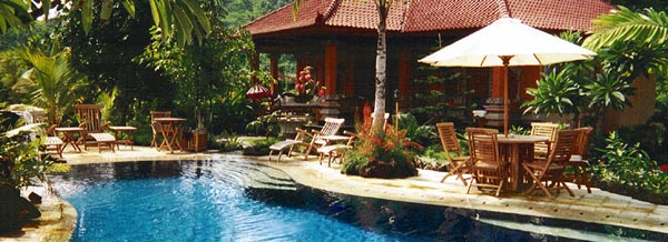 Pool view of the Apa Kabar Villas in Bali, Indonesia.